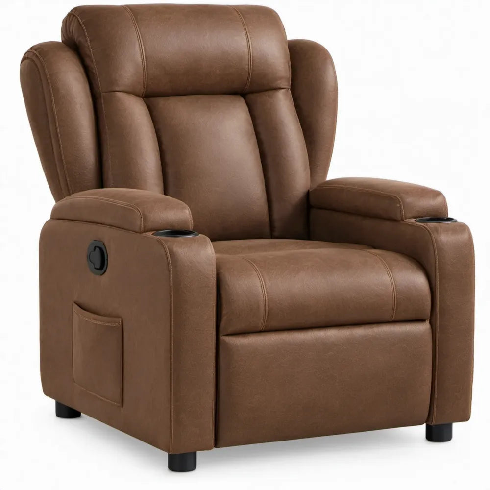 Handmatig verstelbare relaxfauteuil met voetensteun, bekerhouders en opbergvak – 90 x 93 x 103 cm – Bruin/Zwart