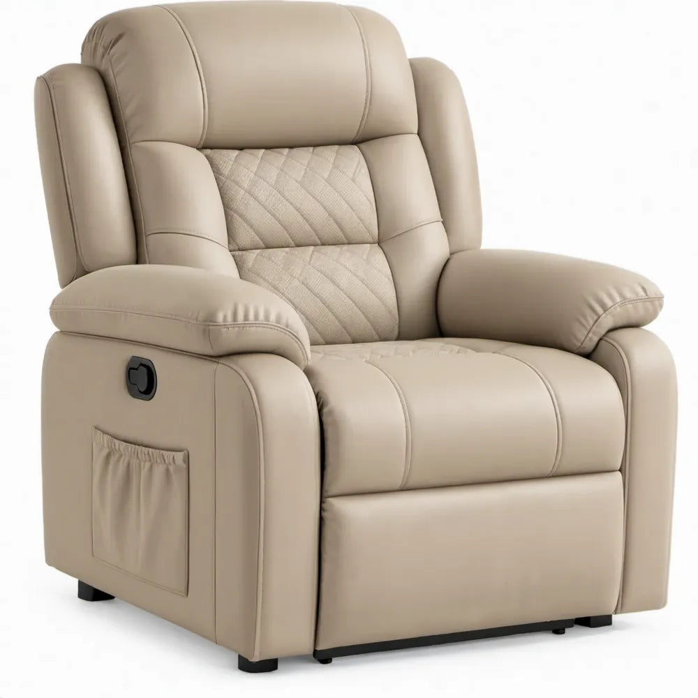 Handmatig verstelbare relaxfauteuil met voetensteun en zijvak, beige PU-kunstleer, 90 x 95 x 102 cm