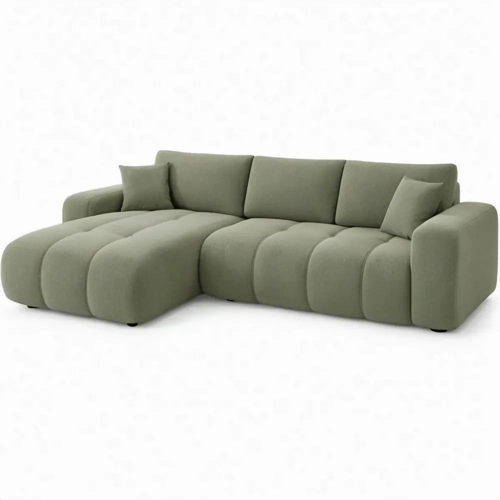 Saliegroene hoekbank met chaise longue links, 280 x 170 x 85 cm, polyester
