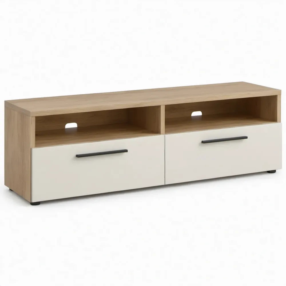 TV-meubel 120 x 40 x 45 cm met 2 laden en open vakken - Eikenkleurig/Wit/Zwart