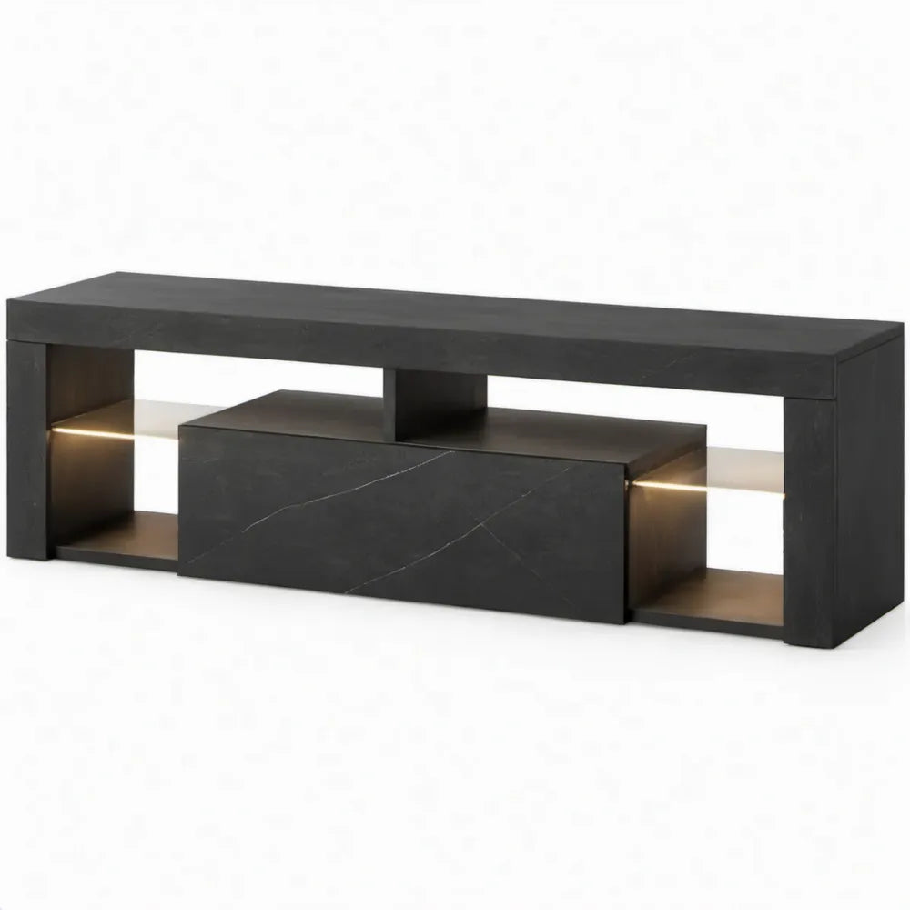 Zwart TV-meubel met donkergrijze marmerlook en warmwitte ledverlichting, 180 x 40 x 50 cm