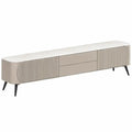 Beige tv-meubel met wit keramisch marmerblad en zwarte poten, 180 x 40 x 50 cm