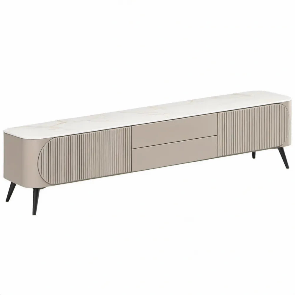 Beige tv-meubel met wit keramisch marmerblad en zwarte poten, 180 x 40 x 50 cm