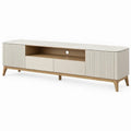 TV-meubel 180 x 40 x 50 cm met 2 laden, 2 geribbelde deuren en kabeldoorvoer – Gebroken wit/Naturel bruin