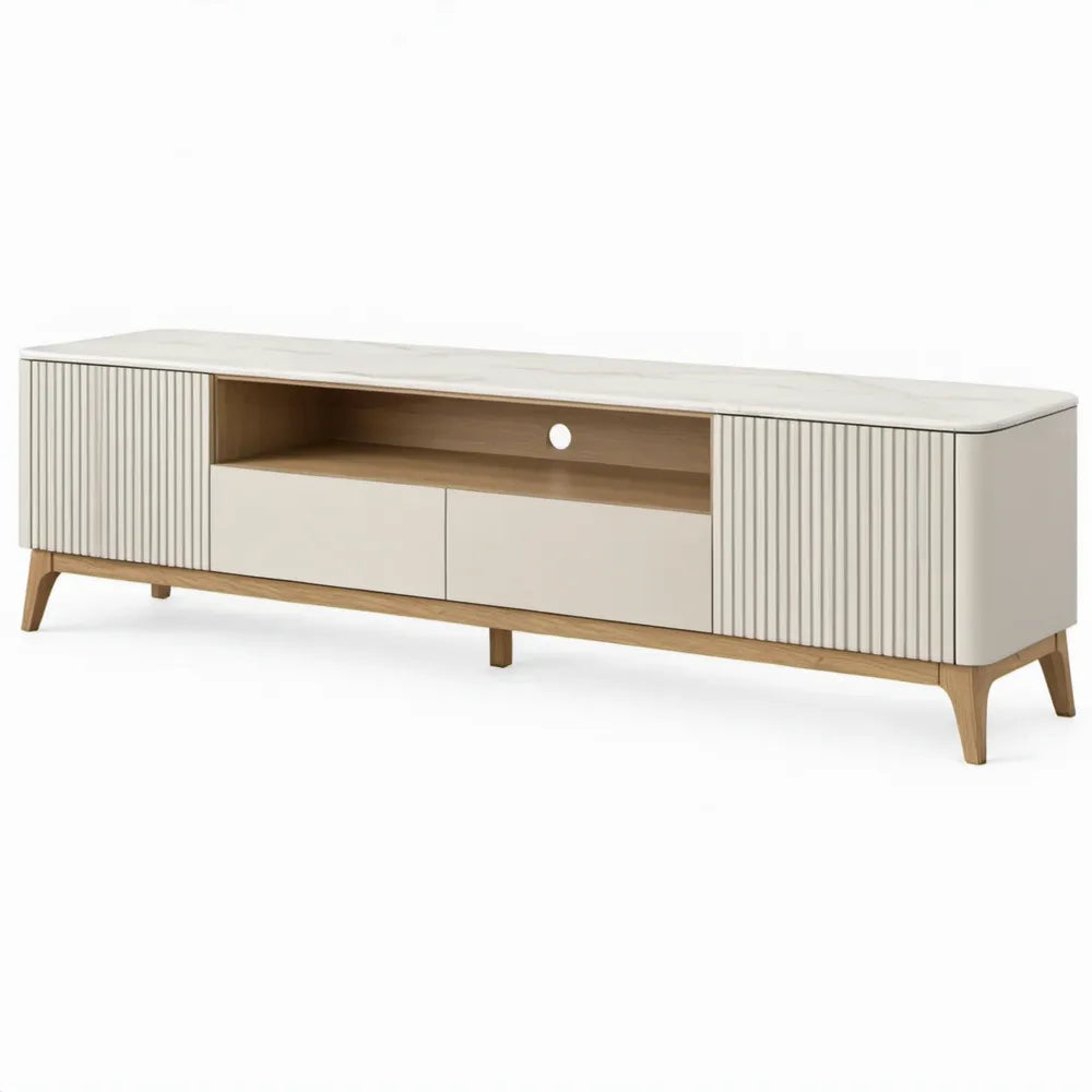 TV-meubel 180 x 40 x 50 cm met 2 laden, 2 geribbelde deuren en kabeldoorvoer – Gebroken wit/Naturel bruin