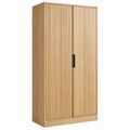 Hoge opbergkast met 2 deuren, 4 legplanken en lamellenfront, 100 x 55 x 200 cm, naturel eiken/zwart