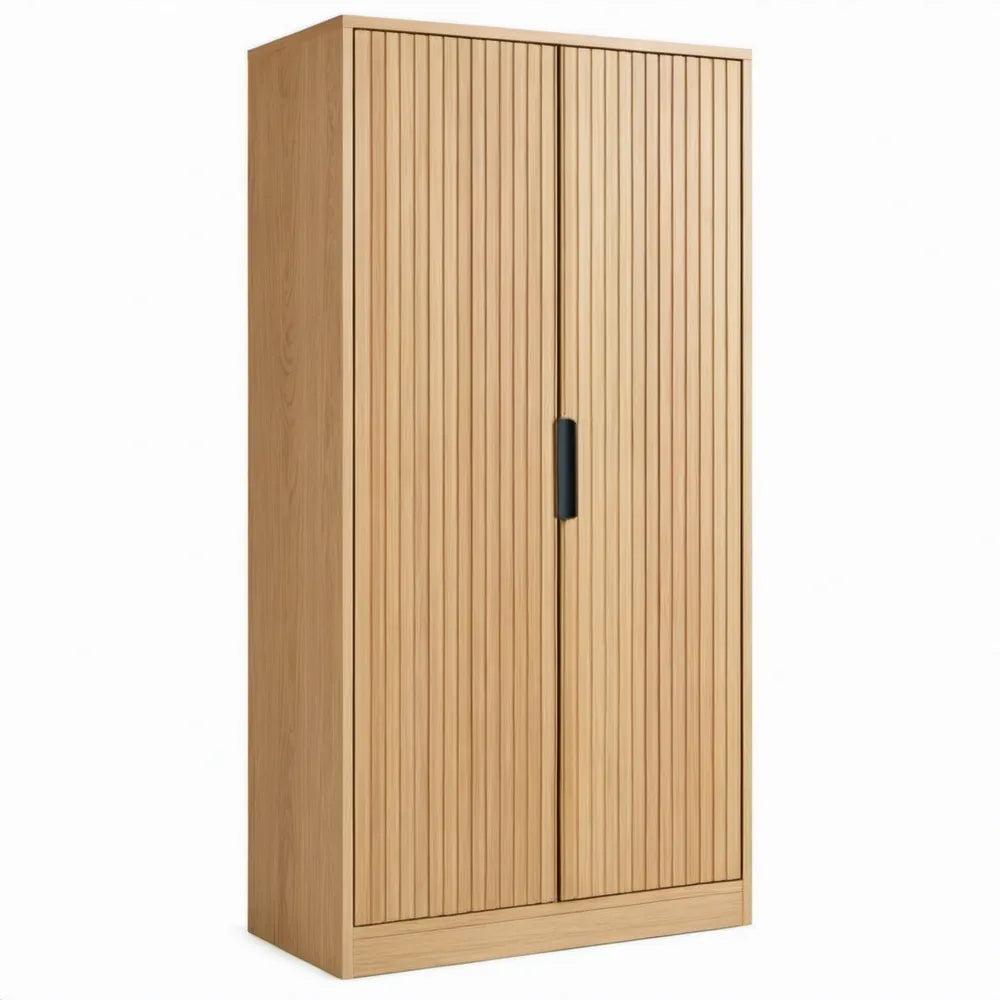 Hoge opbergkast met 2 deuren, 4 legplanken en lamellenfront, 100 x 55 x 200 cm, naturel eiken/zwart