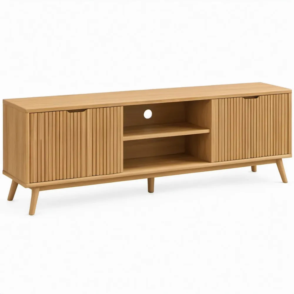 TV-meubel van massief bamboe met 2 geribbelde deuren en open vakken, 140 x 40 x 60 cm, Naturel