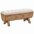 Opbergbank van grenenhout met beige gestoffeerde zitting, 120 x 40 x 50 cm