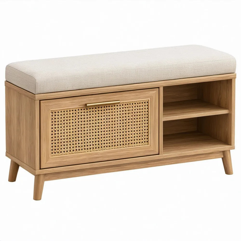 Schoenenbank met opbergruimte, naturel eiken en rotan, beige kussen, 100 x 40 x 50 cm