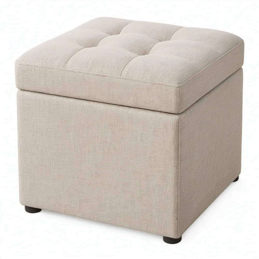 Beige gestoffeerde zitpoef met gecapitonneerd kussen, 45 x 45 x 45 cm