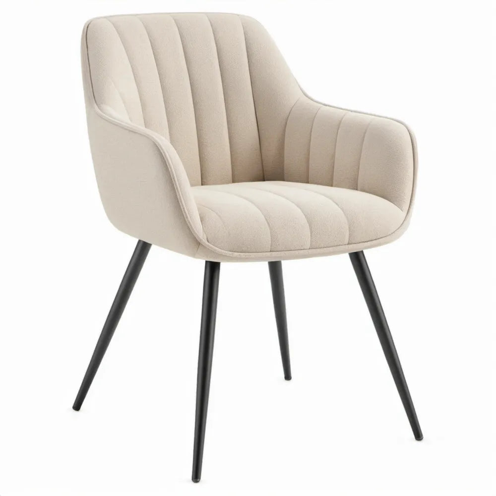 Beige gestoffeerde stoel met armleuningen en zwarte stalen poten, 58 x 62 x 85 cm