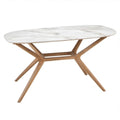 Ovale eettafel 180 x 90 x 76 cm met wit-grijs gesinterd stenen blad en naturel eikenhouten onderstel