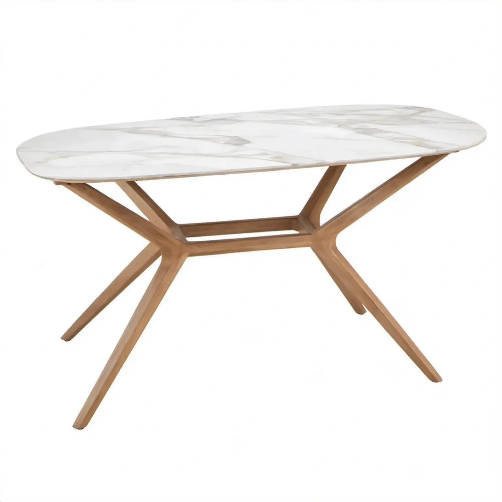 Ovale eettafel 180 x 90 x 76 cm met wit-grijs gesinterd stenen blad en naturel eikenhouten onderstel