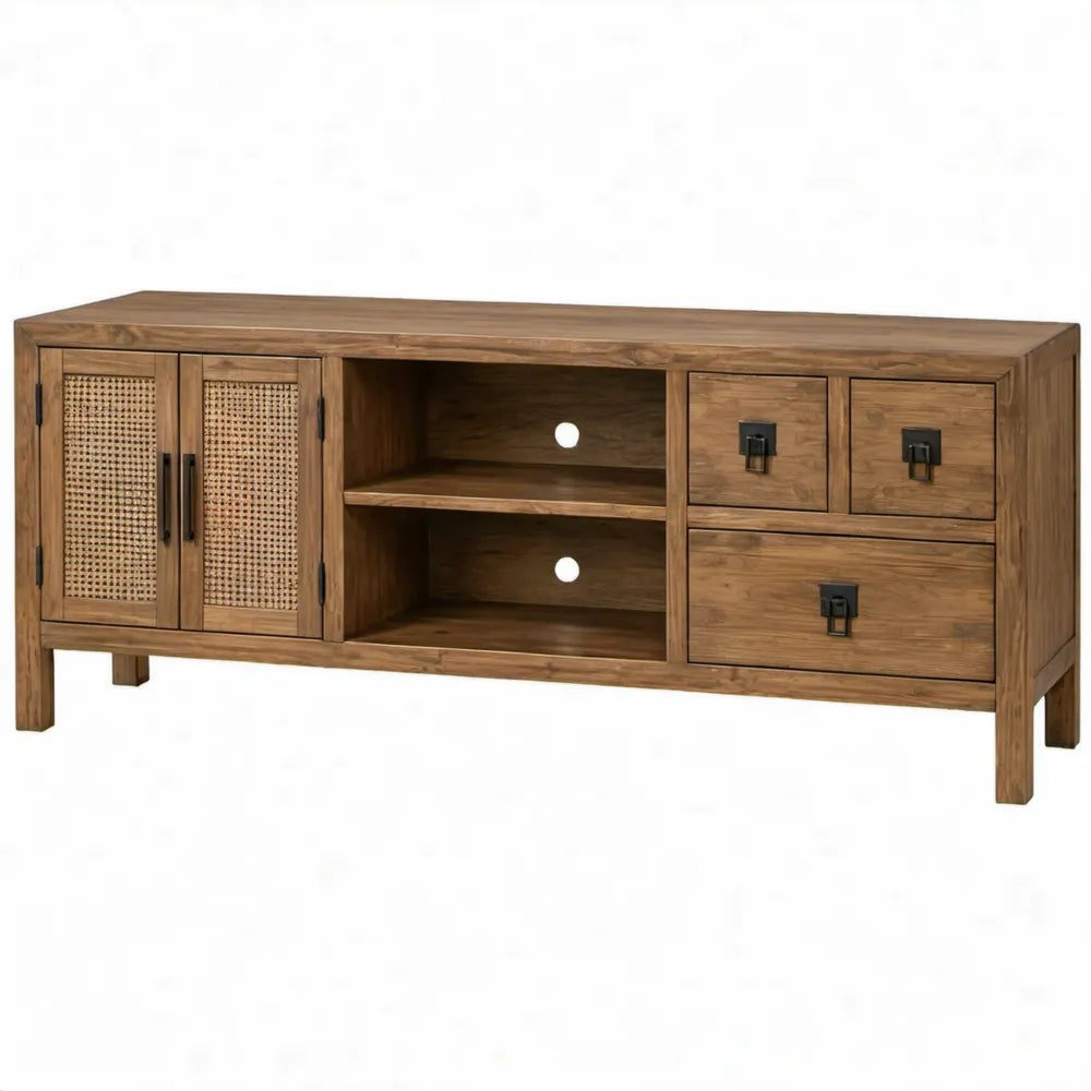 TV-meubel 160 x 40 x 60 cm van massief acaciahout met rotan, 3 laden en 2 deuren - Bruin/Naturel rotan/Zwart