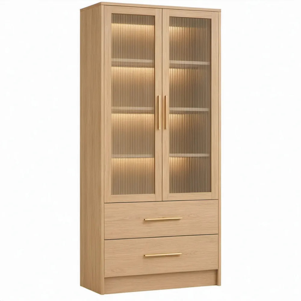 Naturel eiken met geribbeld glas, LED-verlichting en 2 laden – 80 x 40 x 200 cm